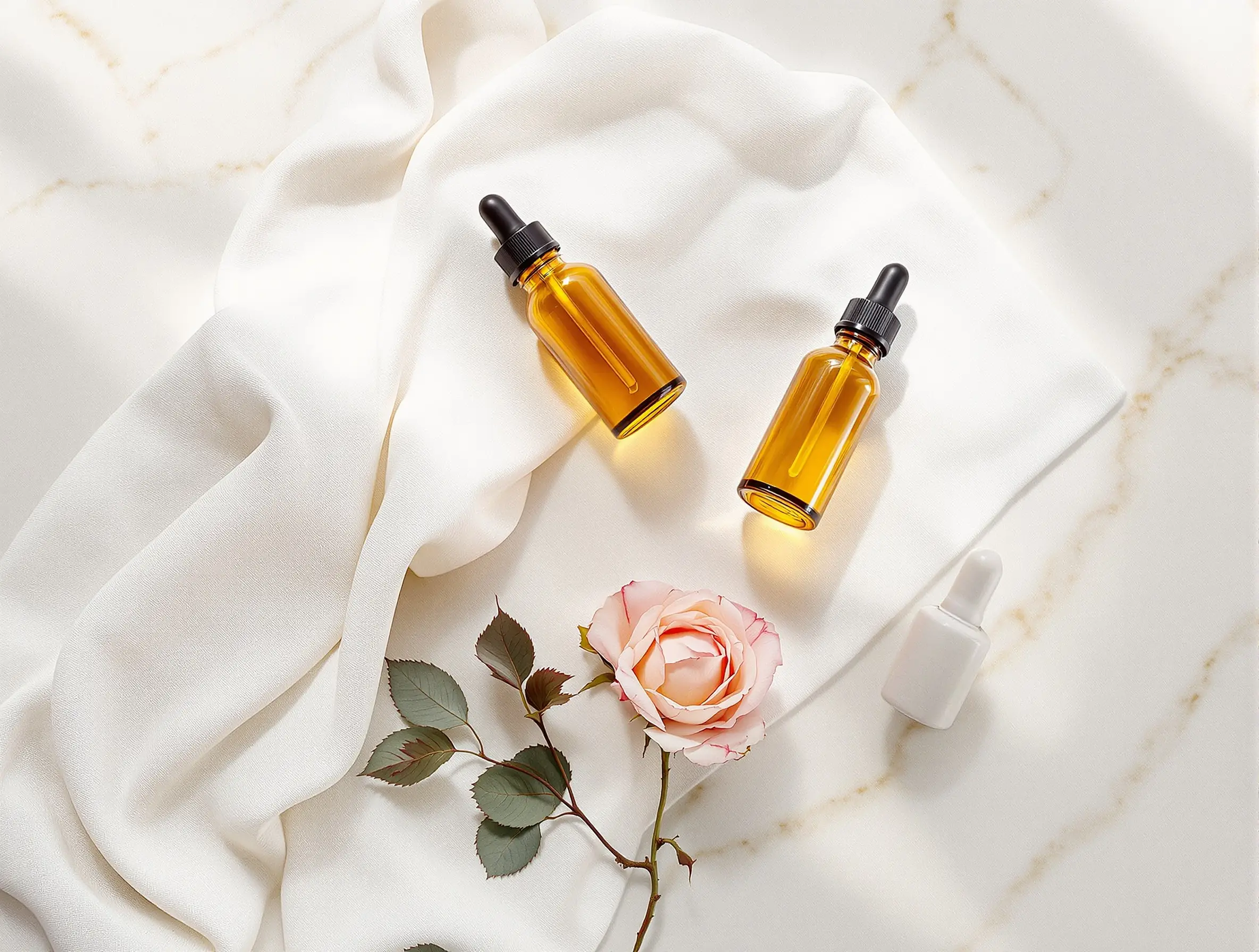 Detail still life, amber-glass serum bottles, linen, travertine counter