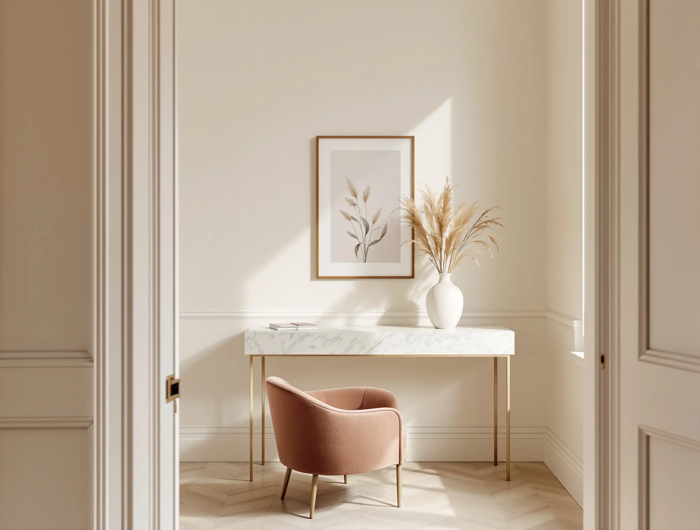 Consultation room interior, plaster walls, rose-gold chair, travertine desk
