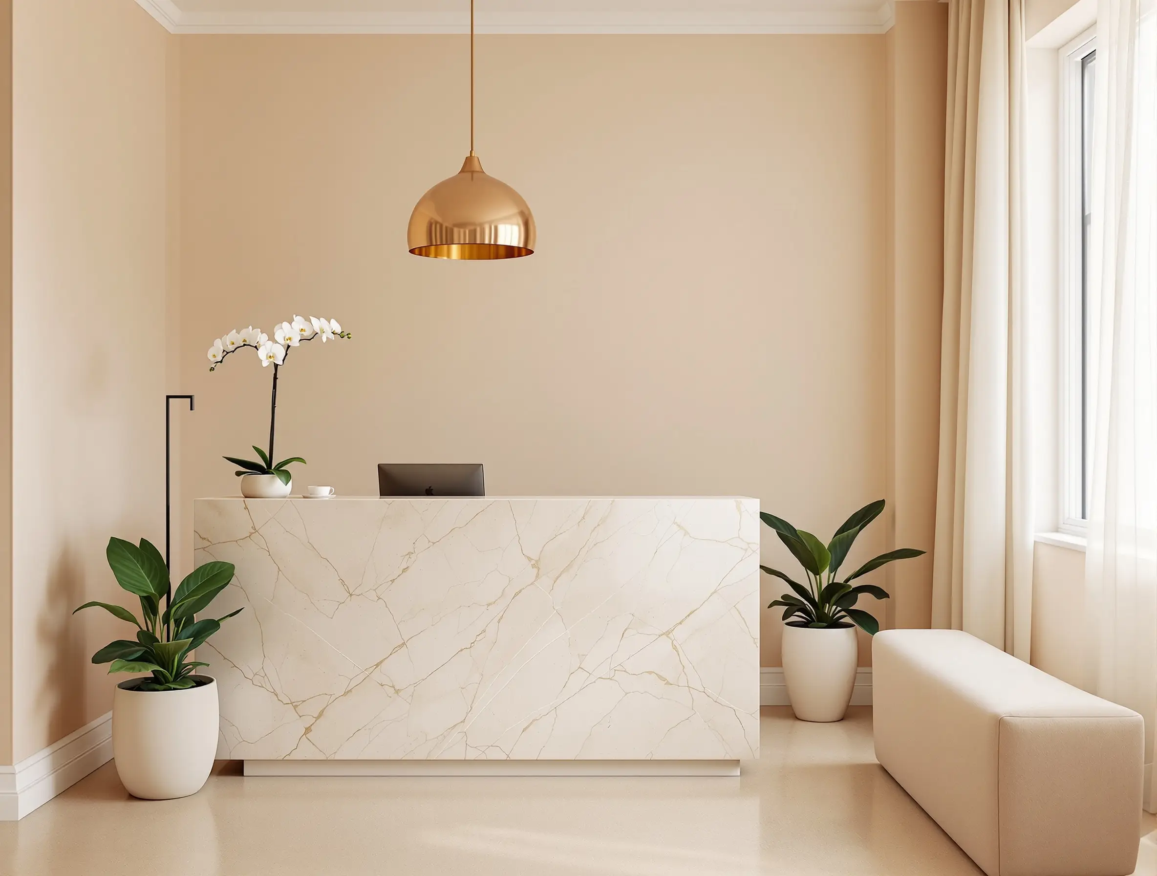 Reception area, warm light, low linen bench, rose-gold pendant